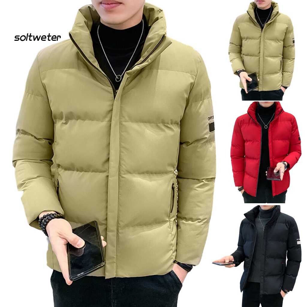 Áo Khoác Phao Cotton Màu Trơn Cổ Đứng Chống Lạnh Thêu Chữ Phong Cách Hàn Quốc Cho Nam