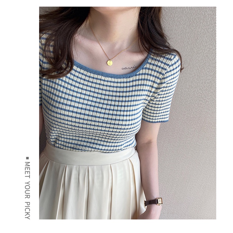 Áo Thun Tay Ngắn Cổ Vuông Họa Tiết Kẻ Sọc Thời Trang Mùa Hè Cho Nữ