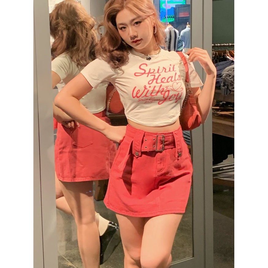 Y2k Chân Váy Jean Denim Hồng Chữ a Eo Cao Phong Cách Thời Trang Retro Mỹ Hàng Mới 2023