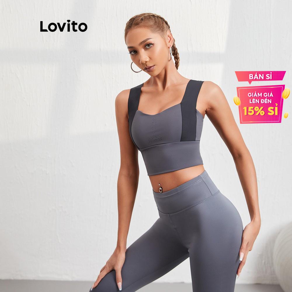 Áo bra thể thao Lovito ghép nối màu sắc nhanh khô hở lưng độ co giãn cao L08068 (màu xám)