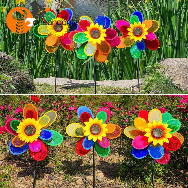 [COD] Cối Xay Gió Hai Lớp Hình Hoa Hướng Dương Đính Kim Sa Nhiều Màu Trang Trí Vườn Công Viên Ngoài Trời