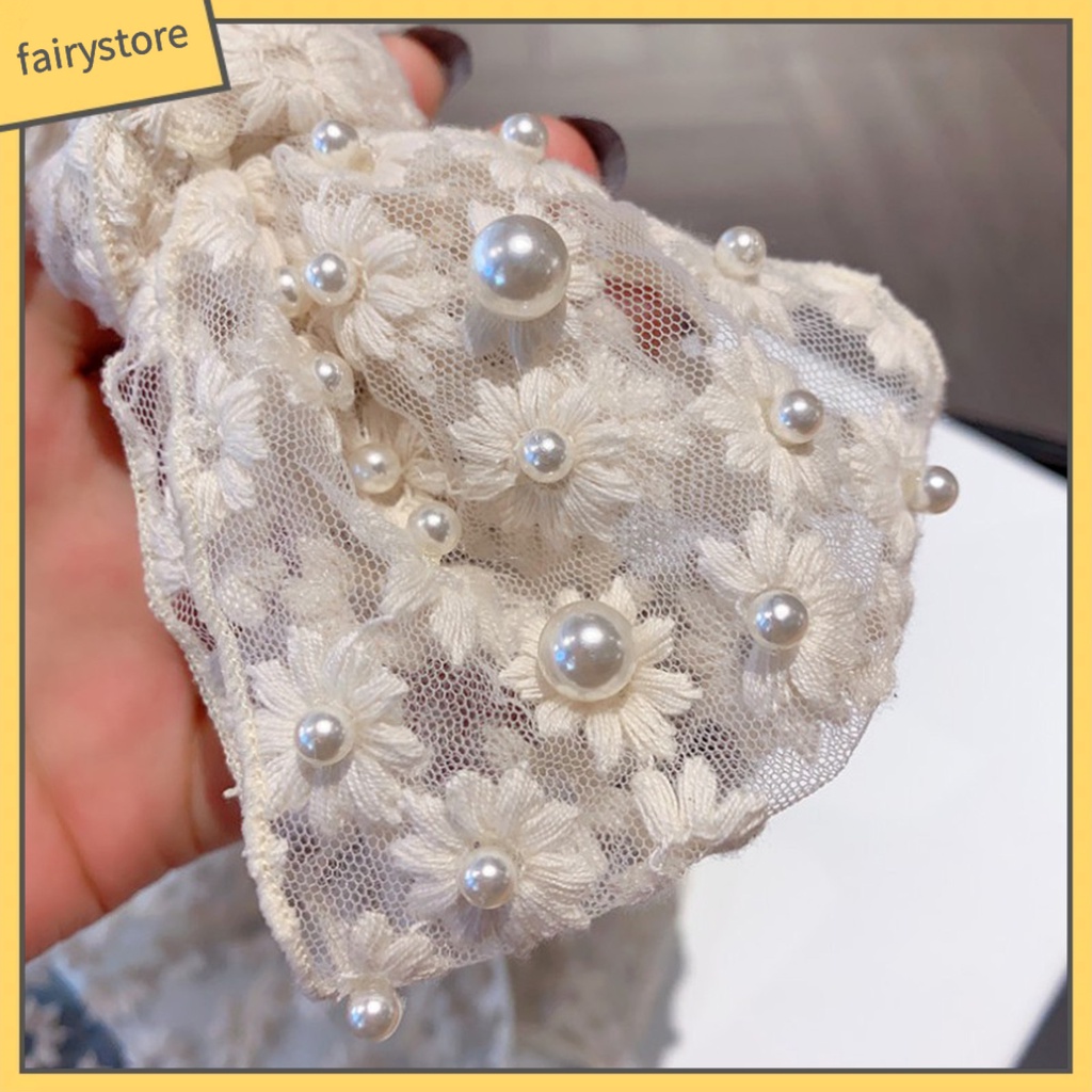 Băng Đô Cài Tóc Bản Rộng Thắt Nút Đính Ngọc Trai Giả Phối Ren Thắt Nơ Xinh Xắn Cho Bạn Gái