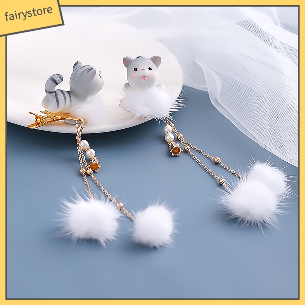 1 Cặp Kẹp Tóc Tua Rua Hình Mèo Dễ Thương Phong Cách Trung Hoa