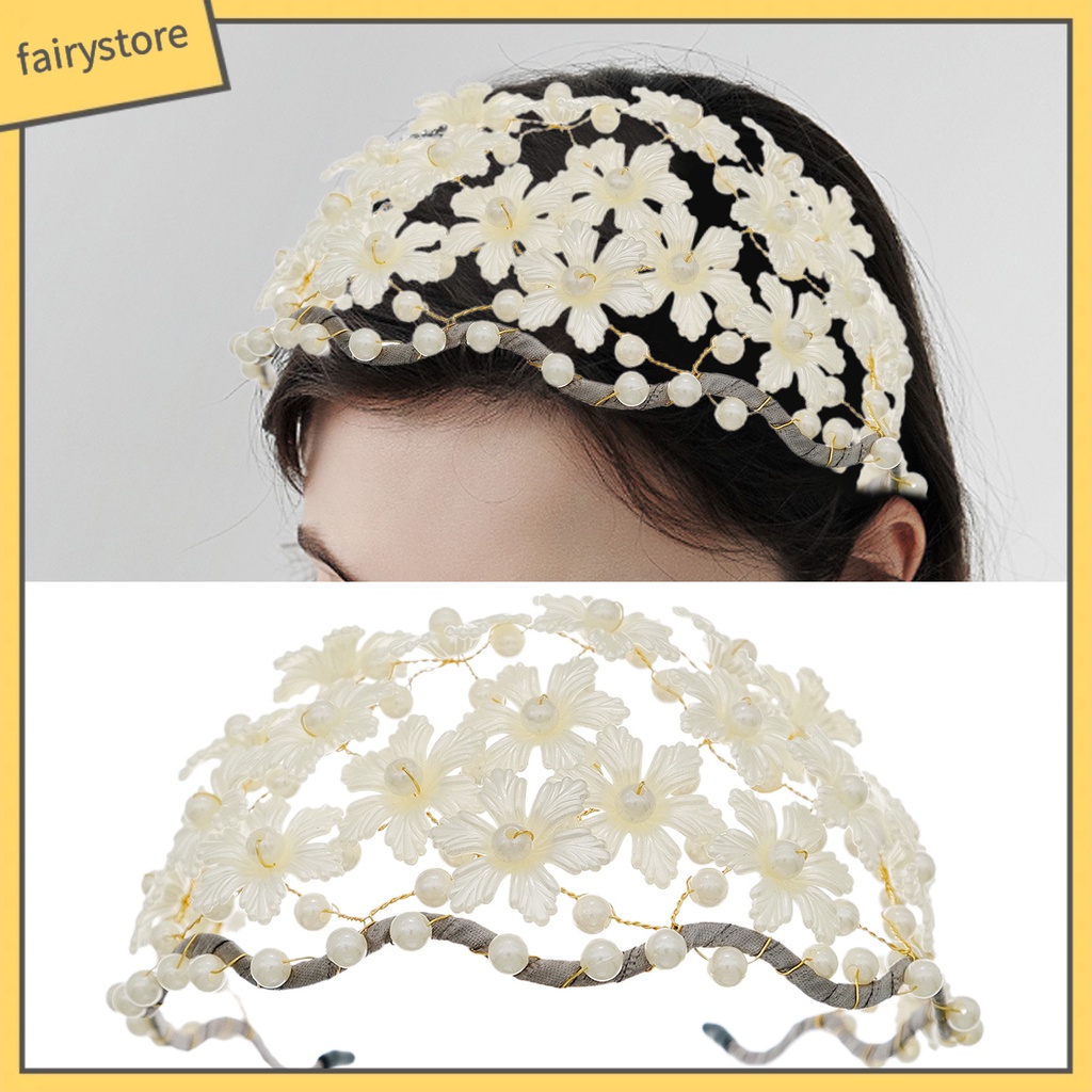 Băng Đô Cài Tóc Bản Rộng Co Giãn Chống Trượt Trang Trí Hoa Đính Ngọc Trai Giả Cho Nữ