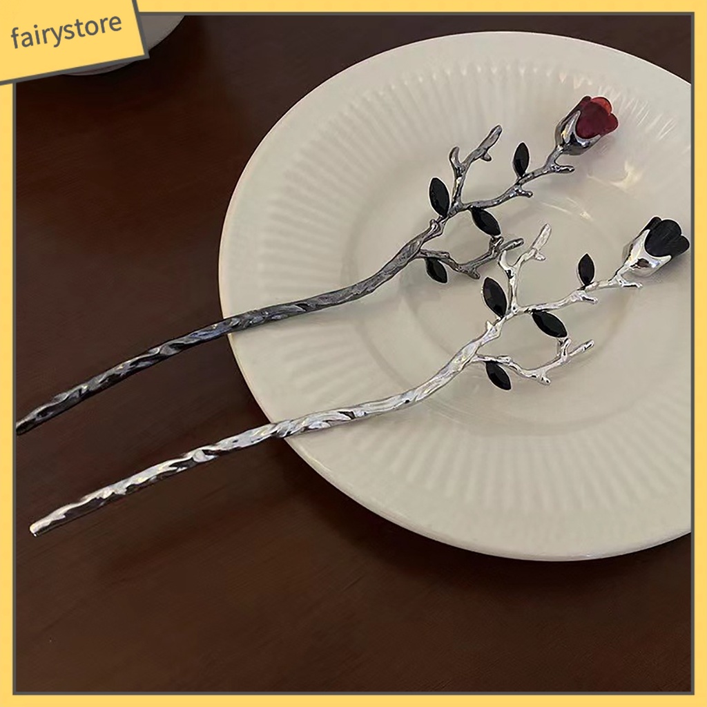 Trâm Cài Tóc Hình Hoa Hồng Màu Đỏ Đen Phong Cách Trung Hoa Tinh Tế Cho Nữ