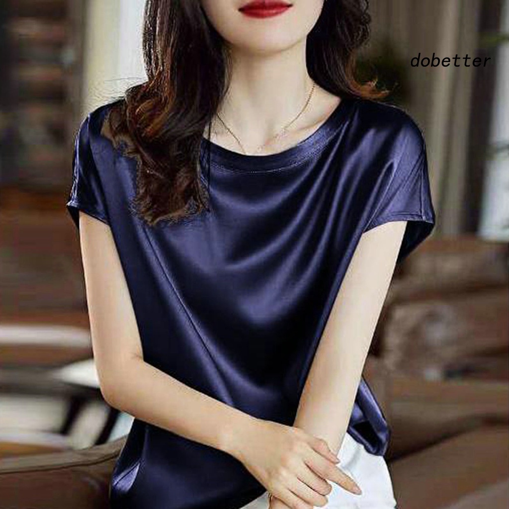 Áo Thun Satin Tay Ngắn Cổ Tròn Màu Sắc Đơn Giản Dành Cho Nữ