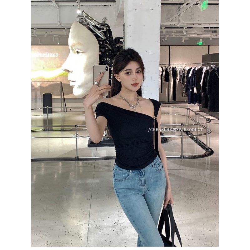 Áo Hai Dây Dáng Ngắn Hở Vai Có Khóa Gài Màu Bạc Thời Trang Cho Nữ