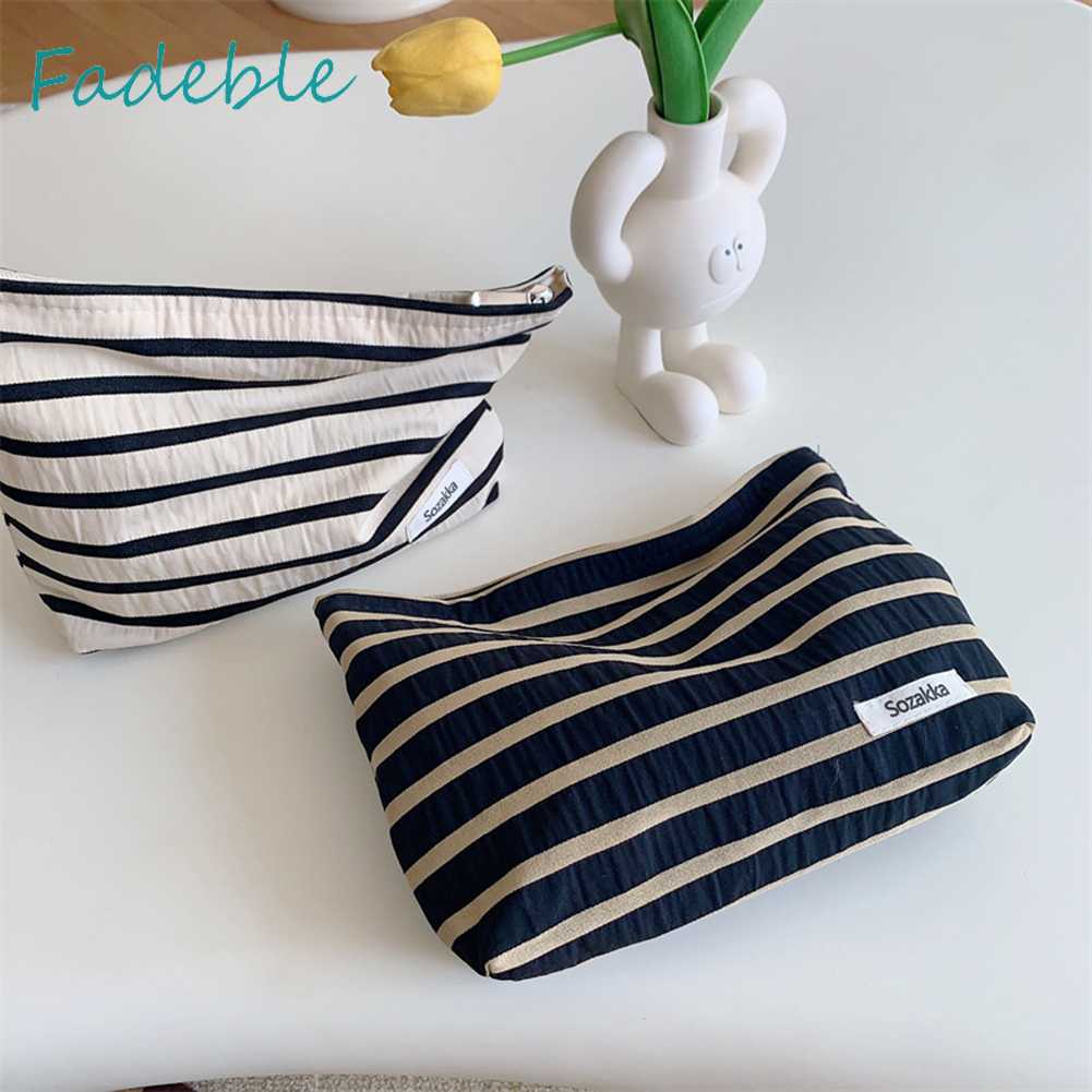 Túi Đựng Mỹ Phẩm Bằng Vải Canvas Họa Tiết Kẻ Sọc Sức Chứa Lớn Tiện Dụng Cho Nữ