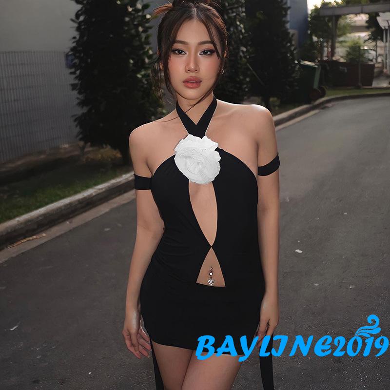 Bay-đầm Ngắn Ôm Dáng Không Tay Khoét Rỗng Có Dây Đeo Cổ Chéo Trang Trí Hoa Cho Nữ Đi Tiệc Cocktail