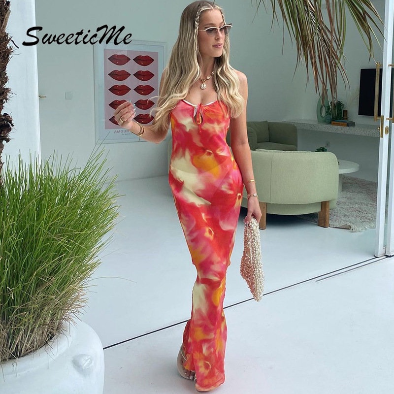 Đầm Dài Cổ Chữ U Hở Lưng Dáng Ôm In Họa Tiết Thời Trang 2023 Quyến Rũ Cho Nữ