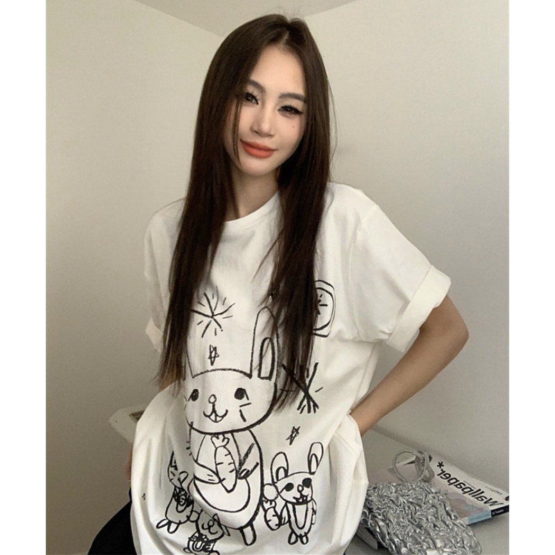 Áo Thun Ngắn Tay Dáng Rộng In Hoạt Hình Thời Trang Mùa Hè Năng