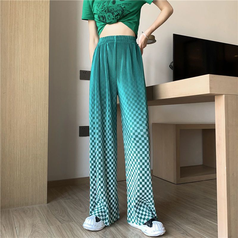 Quần Dài Nữ Ống Rộng Lưng Cao Họa Tiết Caro Màu Gradient Phong Cách Mới