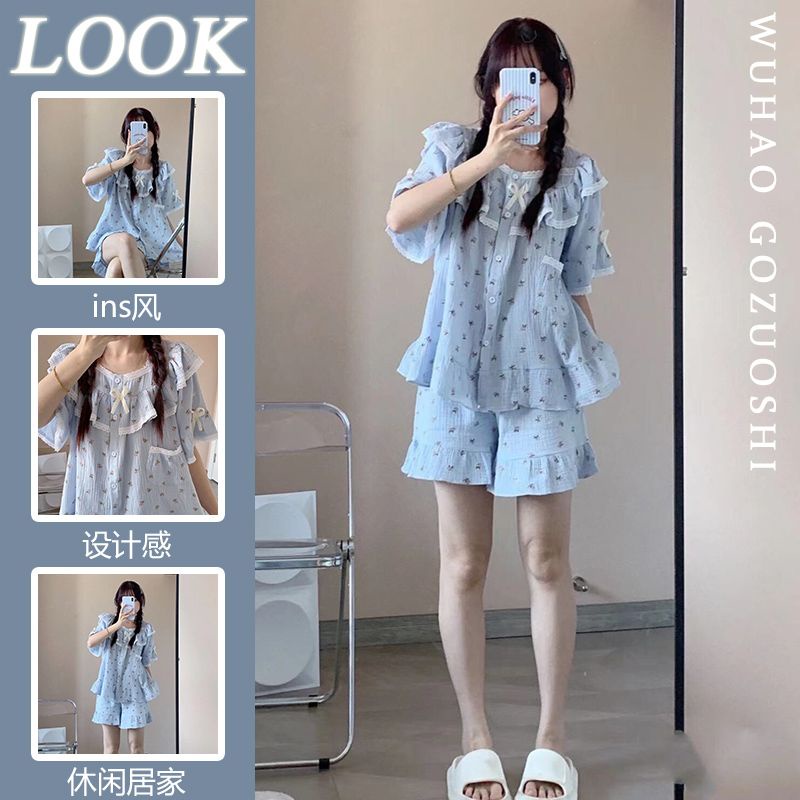 Bộ Đồ Ngủ Tay Ngắn Phối Ren Phong Cách Hàn Quốc Thời Trang Mùa Hè Mới Cho Nữ