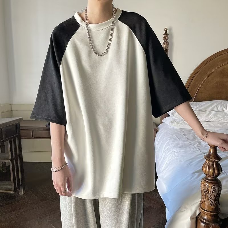 Áo Thun Da Lộn Tay Ngắn Dáng Rộng Màu Sắc Tương Phản Thời Trang Mùa Hè Cho Cặp Đôi