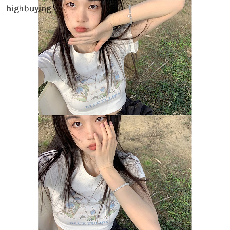 Áo Thun Lửng Tay Ngắn Cổ Tròn In Hình Cừu Hoạt Hình Phong Cách Retro Mỹ Cho Nữ