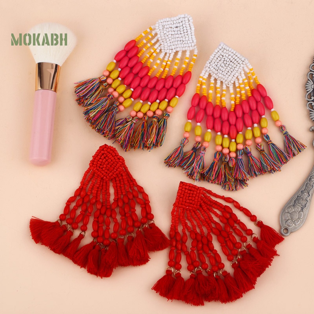 [Mok Abh] Bông Tai Tròn Đính Hạt Tua Rua Theo Phong Cách Du Mục