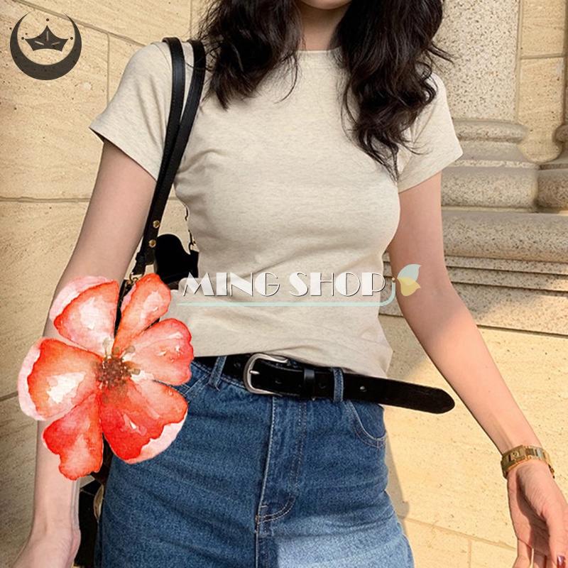 Áo Thun Croptop Tay Ngắn Cổ Tròn Màu Sắc Đơn Giản Cho Nữ