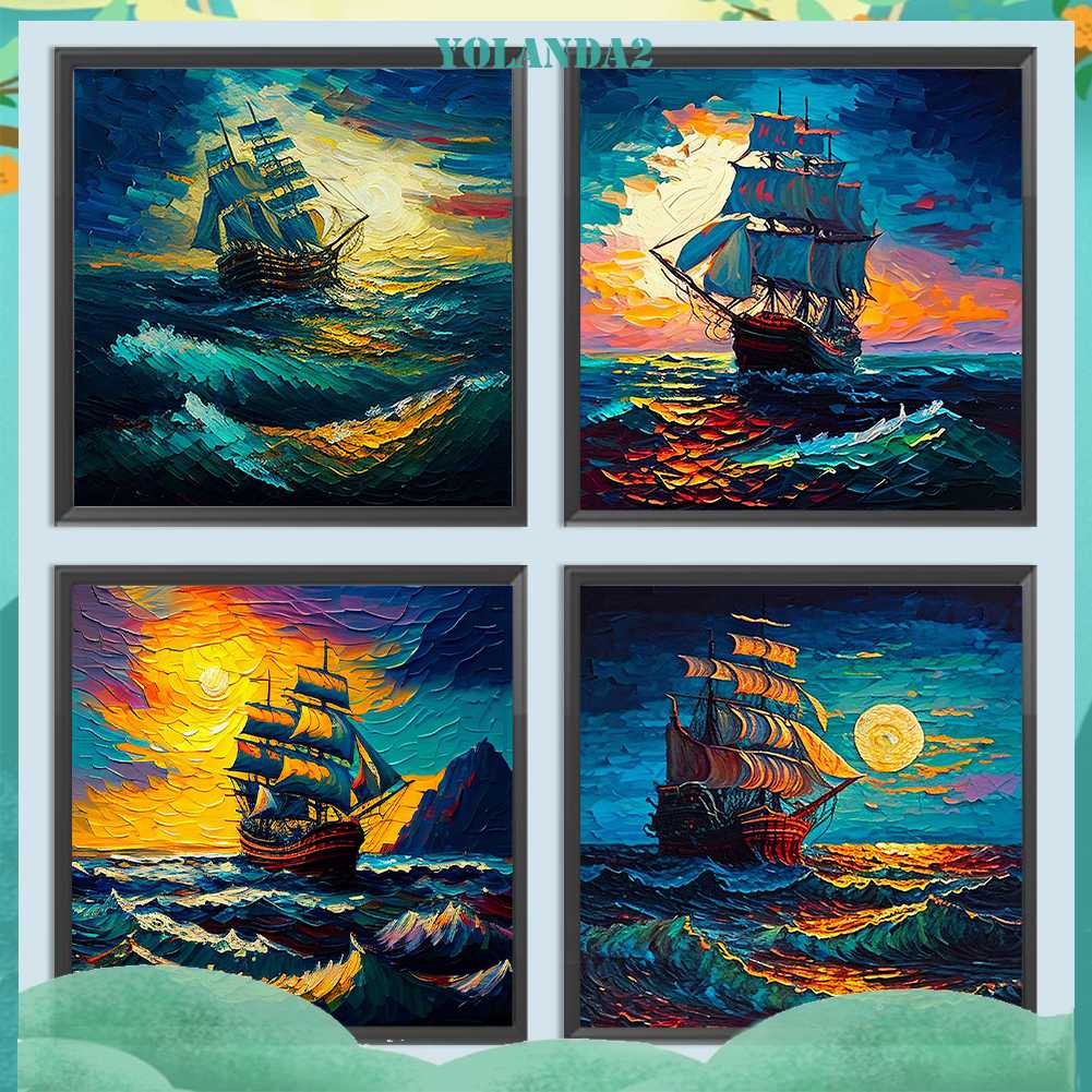 Tranh Đính Đá Kim Cương Toàn Bộ 5D DIY Hình Vẽ Thuyền Buồm Trang Trí Nhà Cửa