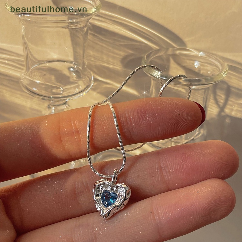 Vòng cổ Bạc Mặt Trái Tim Đính Pha Lê Xanh Dương Thời Trang Hàn Quốc Cho Nữ