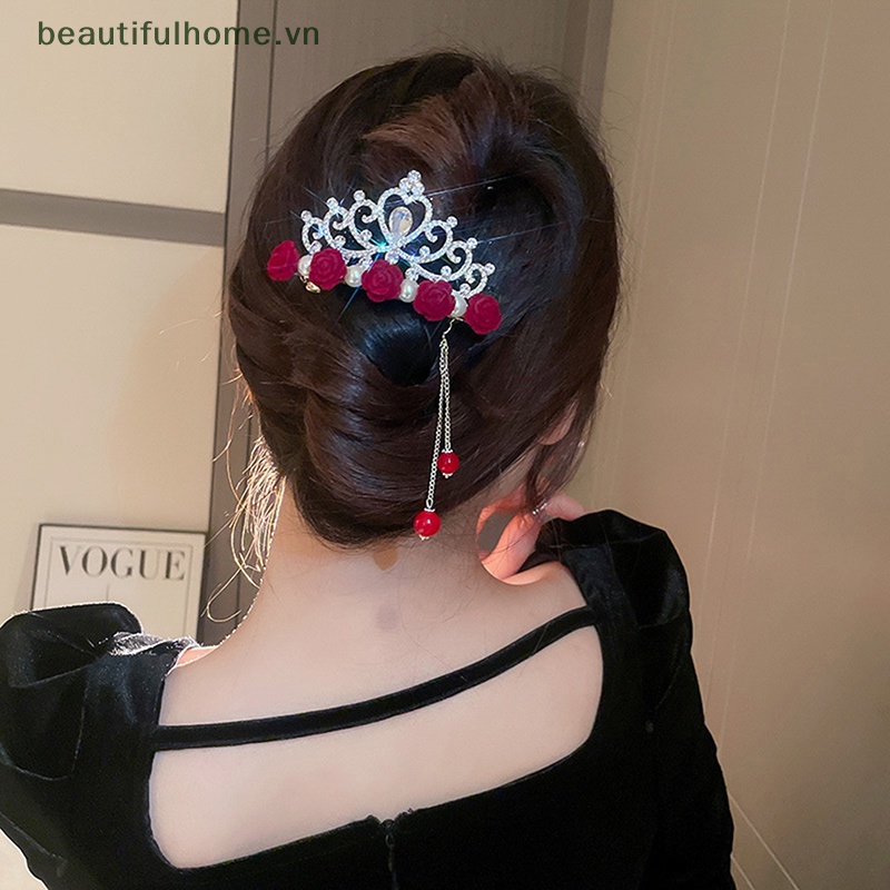Kẹp Tóc Hình Vương Miện Đính Đá Phối Tua Rua Thời Trang Cho Nữ
