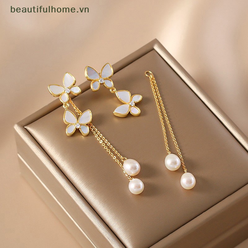 1 Đôi Bông Tai Dáng Dài Hình Bướm Đính Ngọc Trai Lãng Mạn Thời Trang Cho Nữ