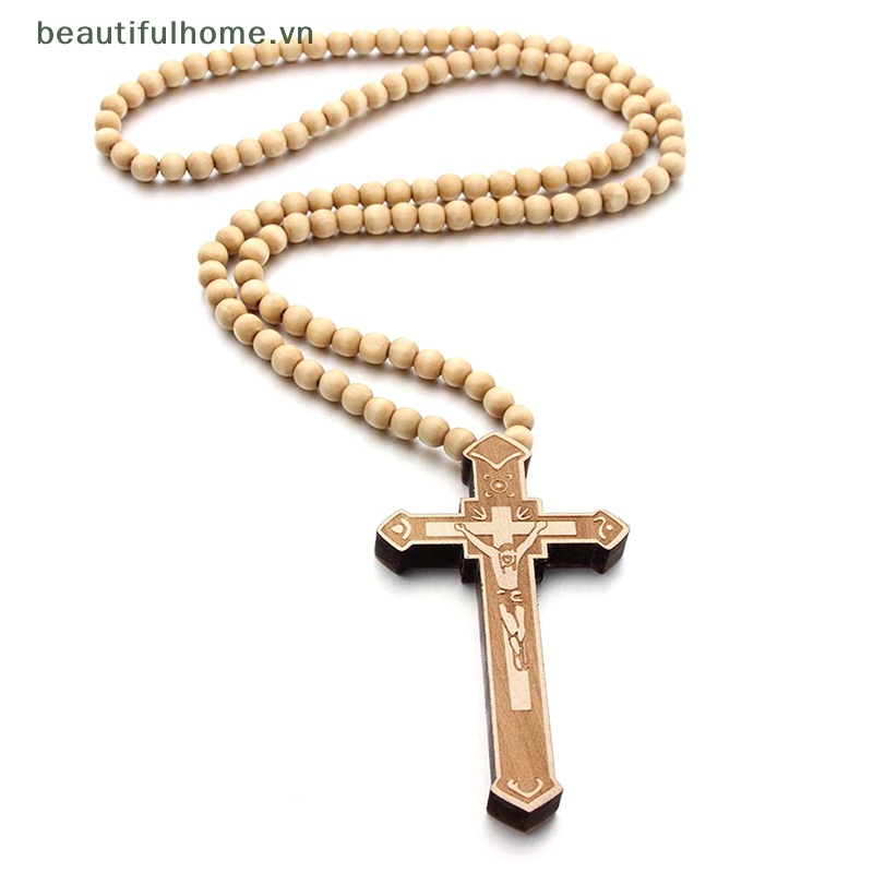 [beautifulhome] Vòng cổ Chuỗi Hạt Gỗ Mặt Thánh Giá Cổ Điển Làm Quà Tặng Cho Nam Và Nữ