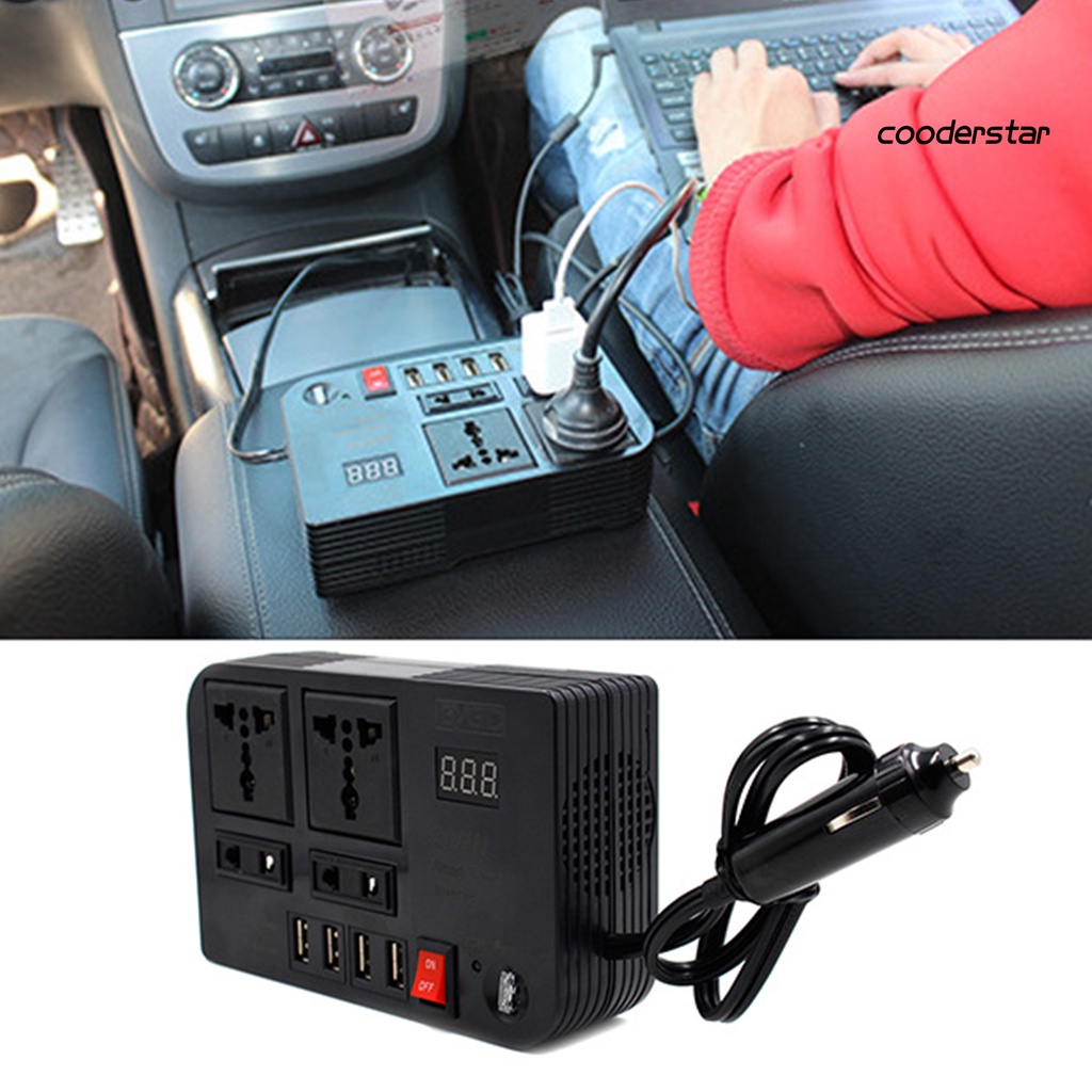 Quạt Làm Mát 300W Chuyển Đổi Điện Áp DC 12V Sang AC 220V 4 Cổng USB Có Đèn LED Cho Xe Hơi