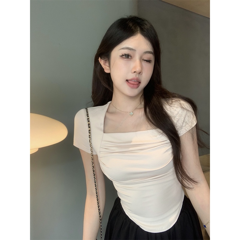 SUXI Set Áo Thun Ngắn Tay Cổ Vuông Và Chân Váy Chữ A Màu Sắc Đơn Giản