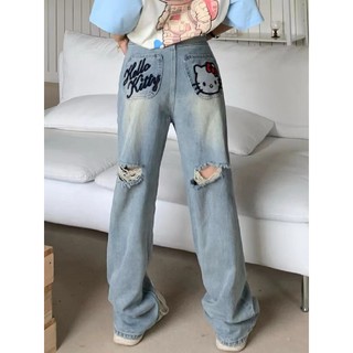 IMaodou Quần Jeans Nữ Lưng Cao Thêu Hình Hello Kitty