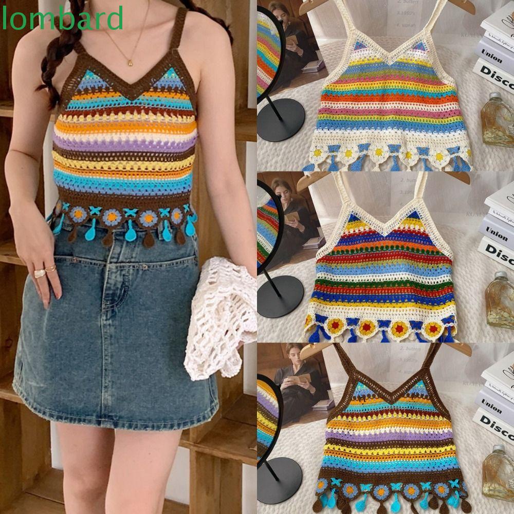 Áo Hai Dây Tua Rua Họa Tiết Kẻ Sọc Rỗng Độc Đáo Ngọt Ngào Cho Bạn Gái