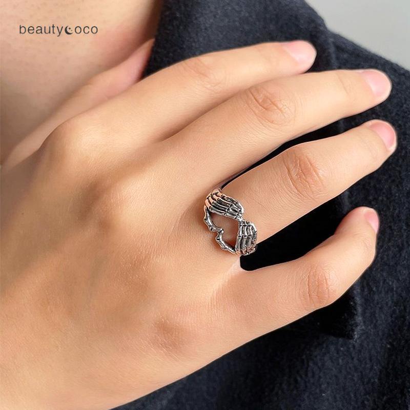 Beautycoco🍊Nhẫn bằng kim loại mạ bạc hình xương bàn tay phong cách hiphop Hàn Quốc thời trang