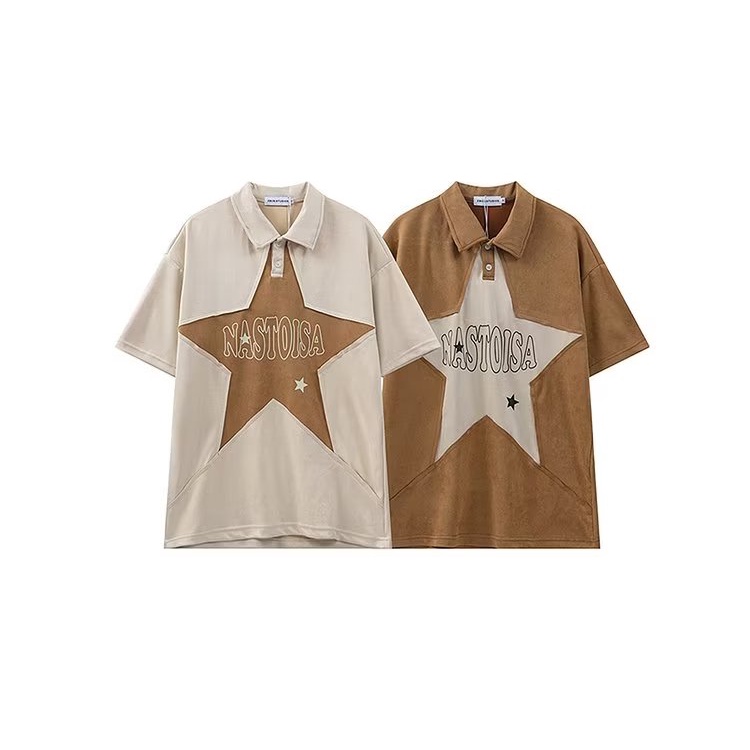 Áo Thun POLO Tay Ngắn Dáng Rộng In Ngôi Sao Màu Sắc Retro Dành Cho Cặp Đôi
