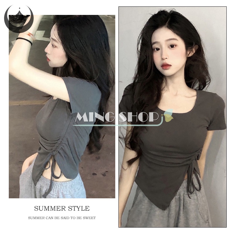 Áo Thun Ngắn Tay Cổ Vuông Màu Sắc Đơn Giản Phối Dây Rút Thời Trang Cho Nữ