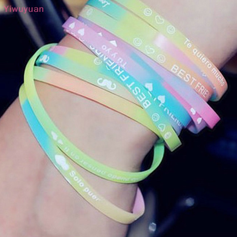 < Yiwuyuan > Set 10 Vòng Tay Cao Su Silicon Phát Quang Màu Kẹo In Chữ Thời Trang Quà Tặng Trang Sức