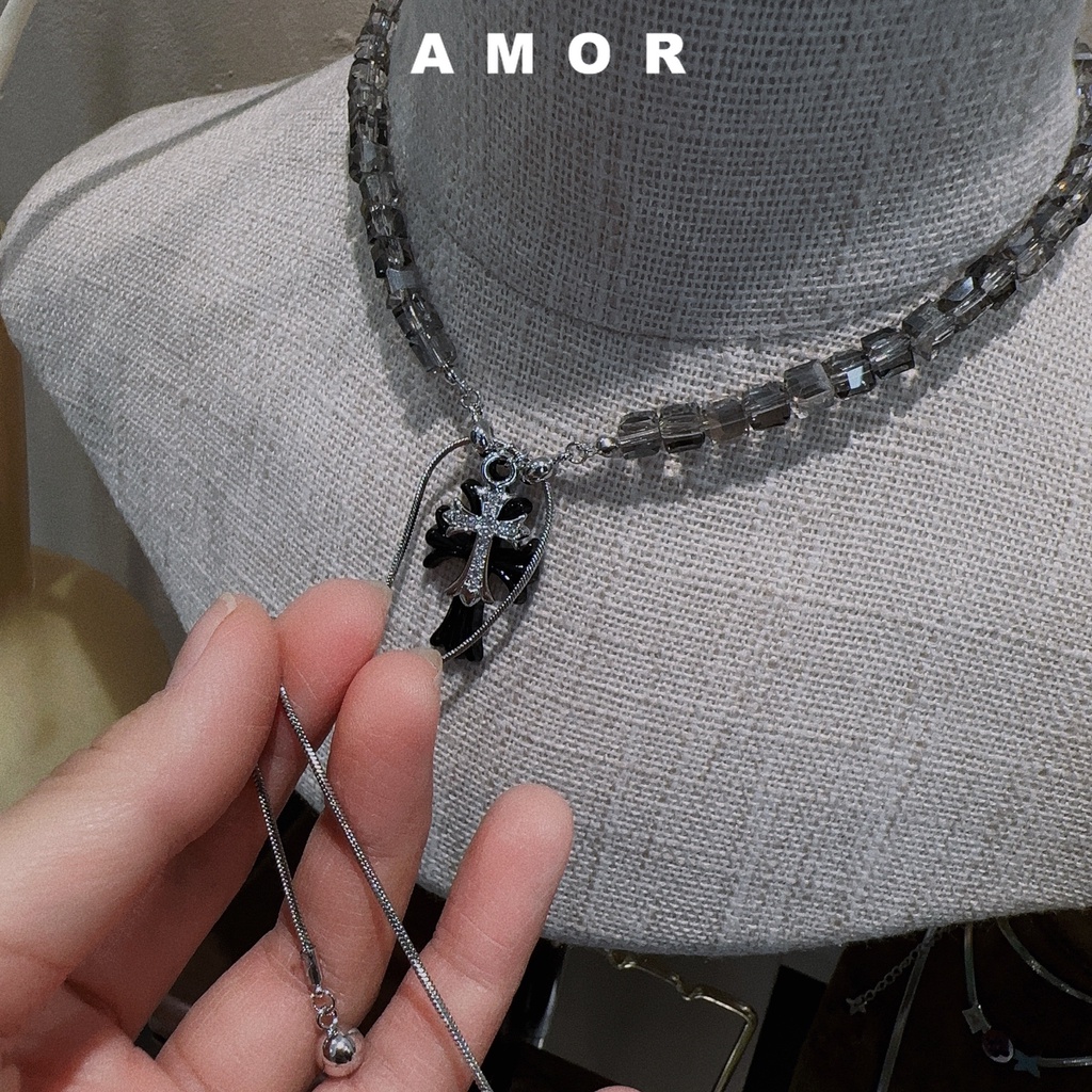 Vòng cổ Mạ Vàng 2K Mặt Thánh Giá Đính Hạt Zircon Phong Cách Punk Hàn Quốc Có Thể Điều Chỉnh