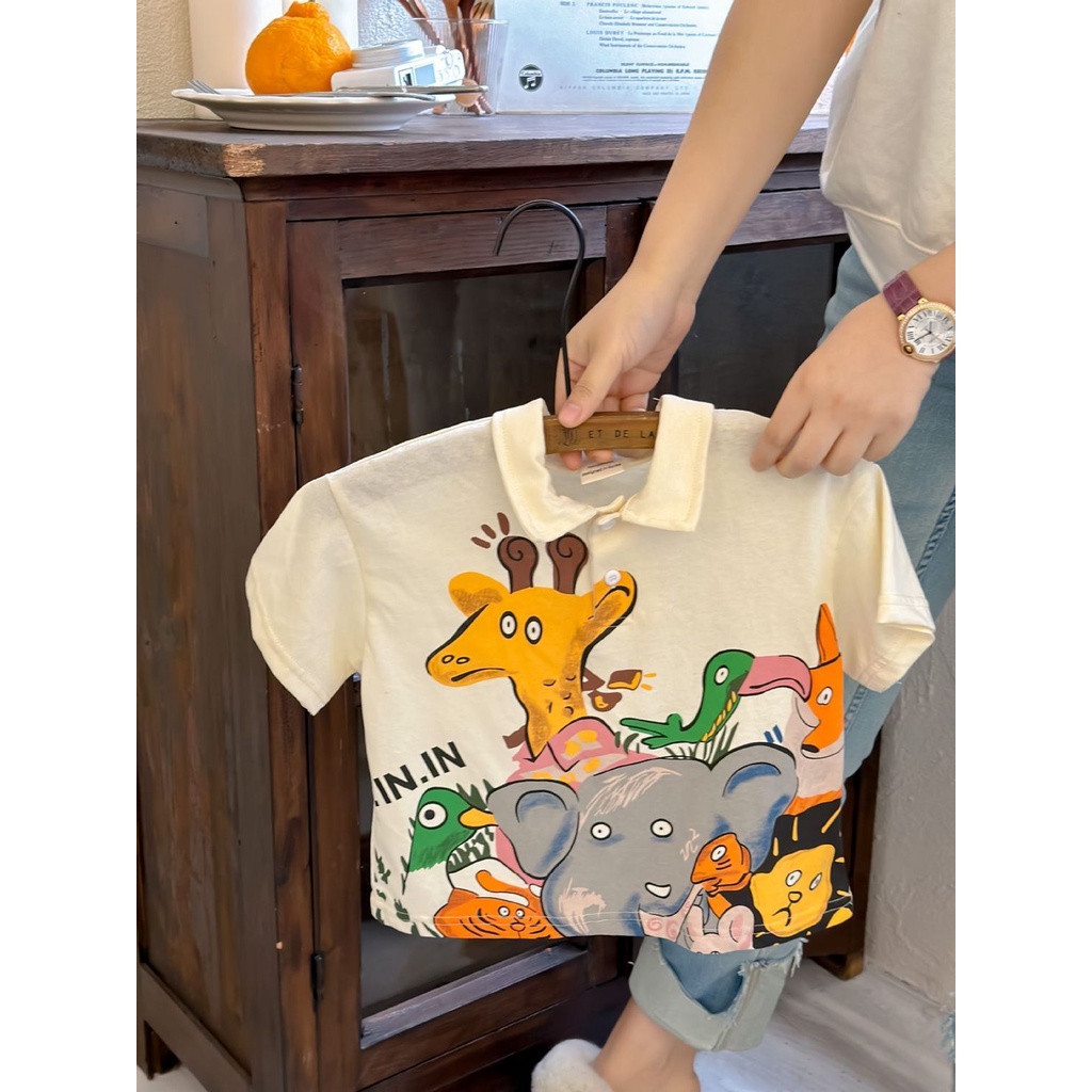 Áo Thun polo Cotton Tay Ngắn Cổ Tròn In Hình Động Vật Thoải Mái Thời Trang Mùa Hè Cho Bé Gái