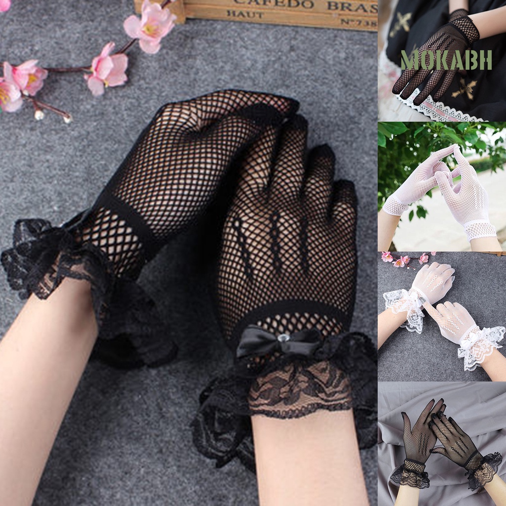 1 Đôi Găng Tay Cô Dâu Phối Ren Thắt Nơ Co Giãn Thoáng Khí