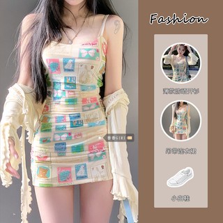 Đầm Hai Dây Mỏng Ôm Eo Chống Nắng Mùa Hè In Poster Hình Cho Nữ