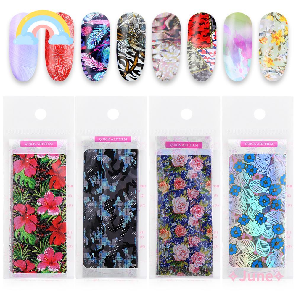 JUNE Bộ 10 Miếng Dán Trang Trí Móng Tay Màu Hồng Xanh Lá