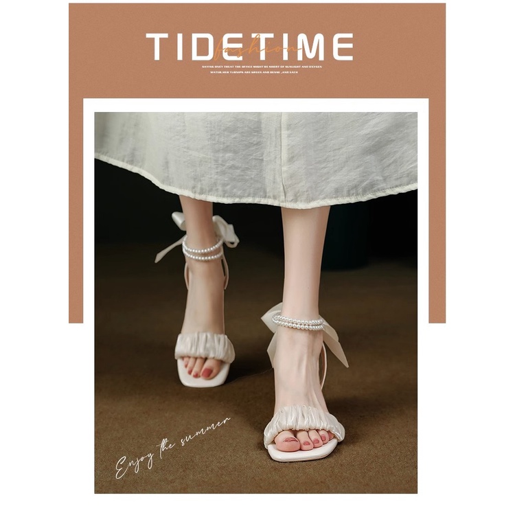 Duoya Tóc Thẳng ~ [Hàng Có Sẵn] Sandal Cao Gót Hở Ngón Đính Nơ Và Ngọc Trai Cho Nữ Miễn Phí Vận Chuyển