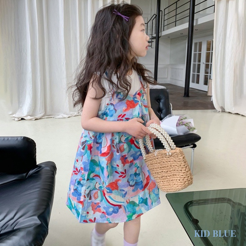 Đầm Công Chúa Giả Hai Lớp Cổ Tròn In Họa Tiết Hoa Phong Cách Hàn Quốc Thời Trang Mùa Hè Cho Bé Gái