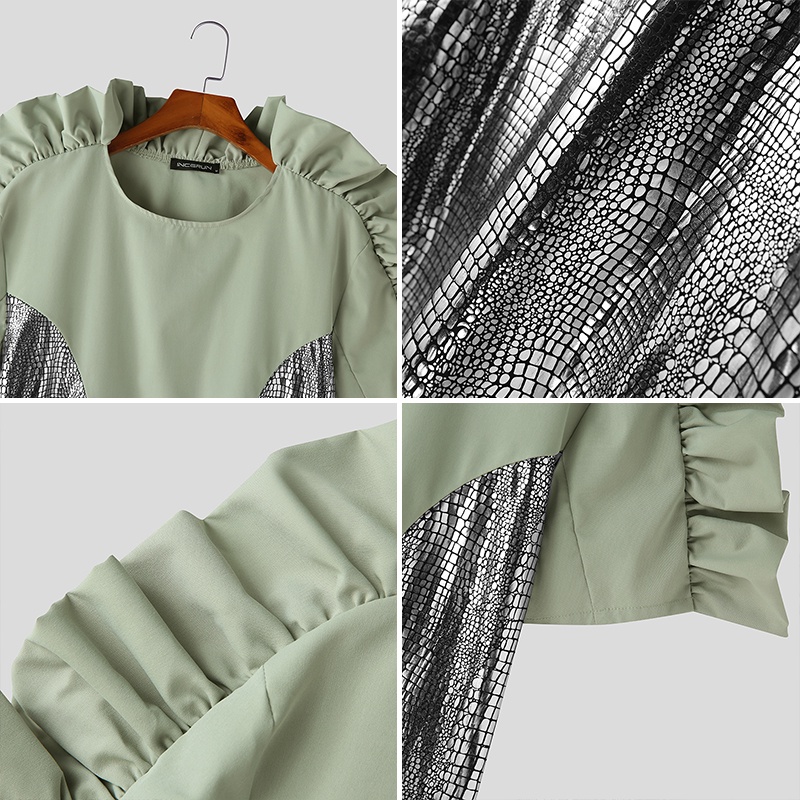 INCERUN Áo Thun Ngắn Tay Cổ Tròn Phối Bèo Màu Tương Phản Thời Trang