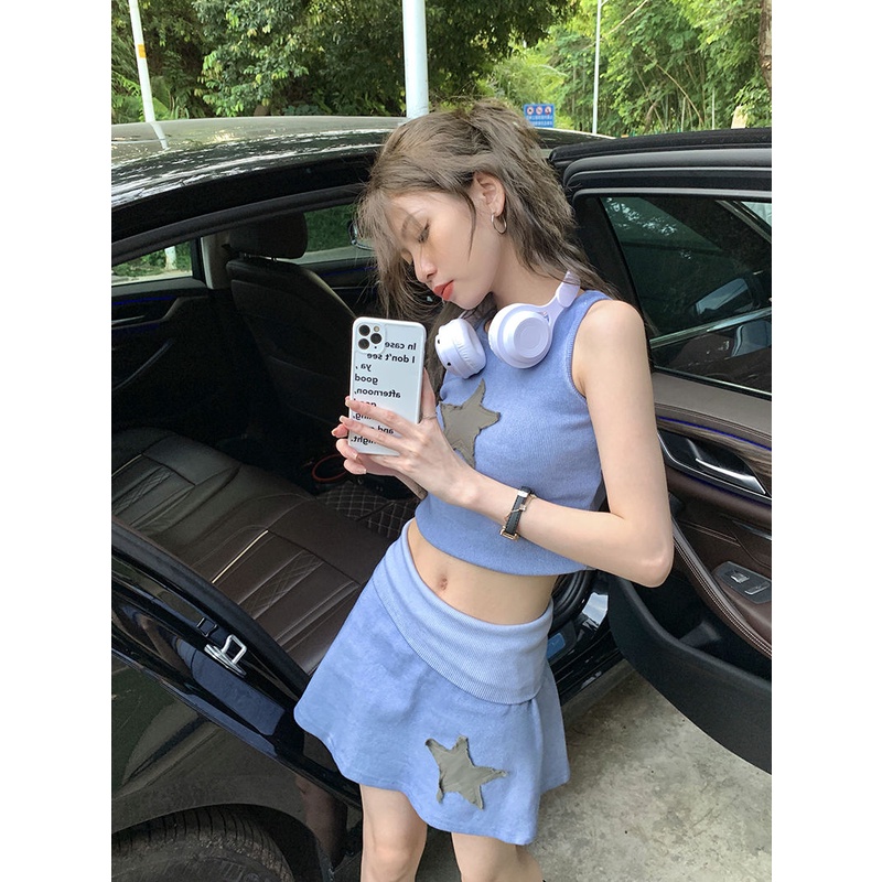 Bộ Áo Thun Không Tay + Chân Váy Ngắn Lưng Cao Thời Trang Mùa Hè Xinh Xắn Cho Nữ Y2K