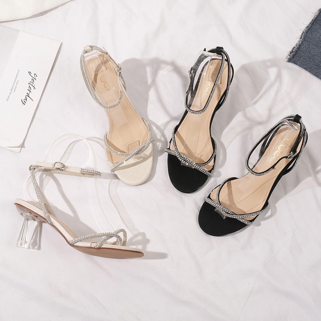 GIÀY SANDAL  BBS71 QUAI ĐÍNH ĐÁ GÓT NHỌN 7P MÀU ĐEN, BẠC PHÙ HỢP ĐI TIỆC, DẠ HỘI