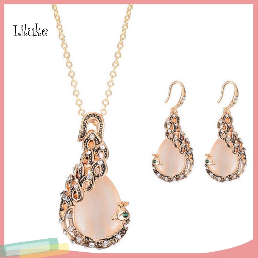 Bộ Vòng cổ + Đôi Khuyên Tai Mặt Đá Opal Giả Hình Giọt Nước Độc Đáo Cho