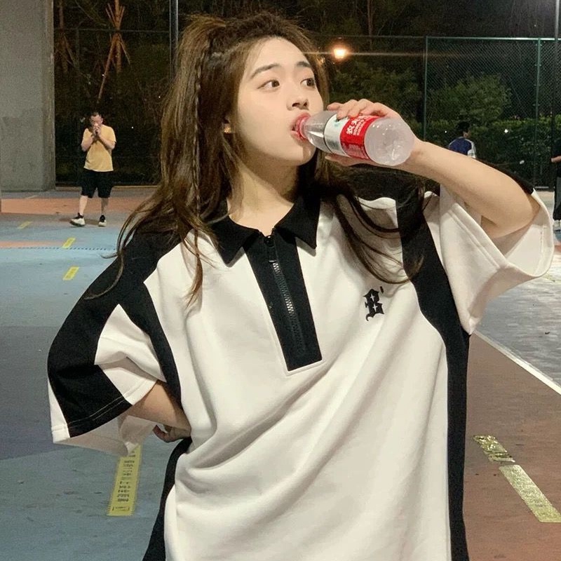 Áo Thun polo Tay Ngắn Có Khóa Kéo Phối Màu Tương Phản Phong Cách Thời Trang Mới 2023