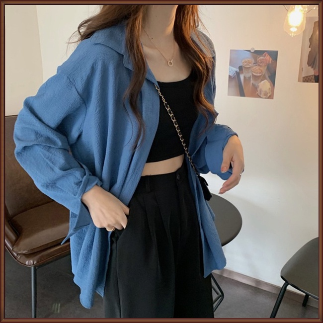 Áo Sơ Mi Tay Dài Chống Nắng Màu Sắc Đơn Giản Phong Cách Retro Dành Cho Nữ