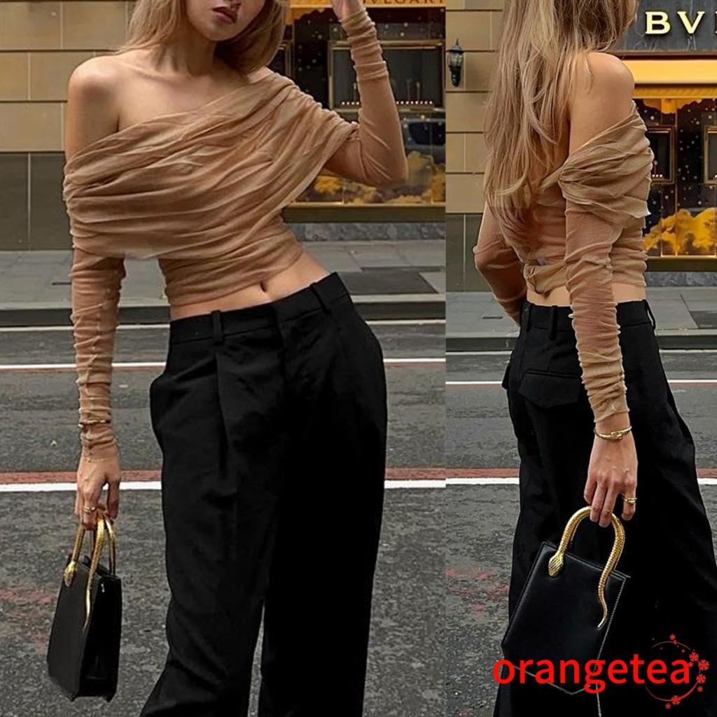 Áo Croptop Trễ Vai Tay Dài Màu Sắc Thanh Lịch Cho Nữ