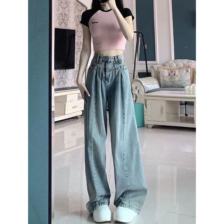Quần Jean Ống Rộng Lưng Cao Thời Trang Mùa Hè Phong Cách Retro Mỹ Cho Nữ