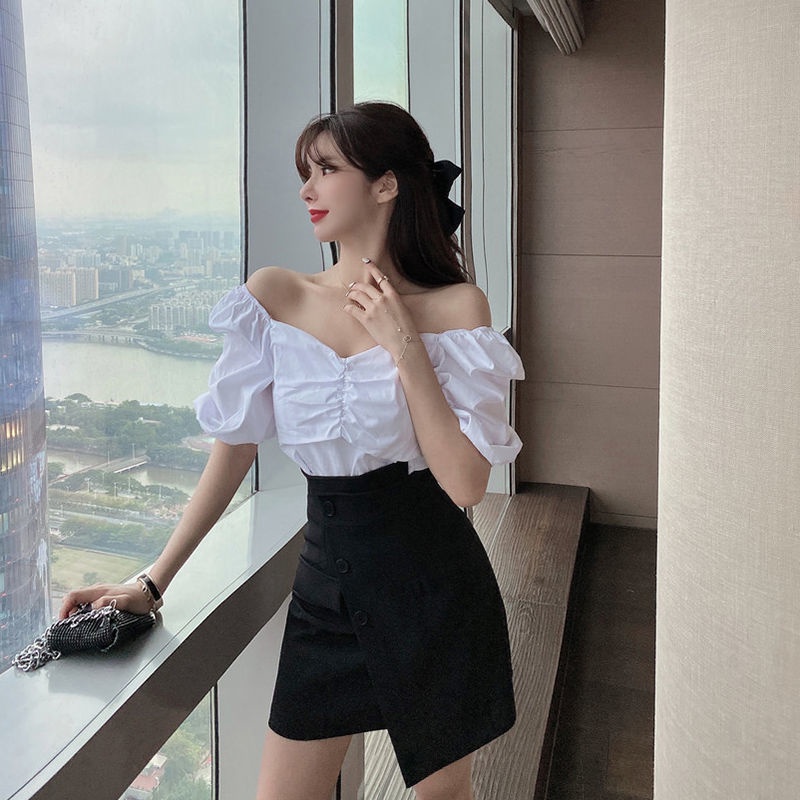 Bộ Áo Tay Phồng Trễ Vai + Chân Váy Ngắn Lệch Tà Thời Trang Mùa Hè 2023 Phong Cách Mới Cho Nữ